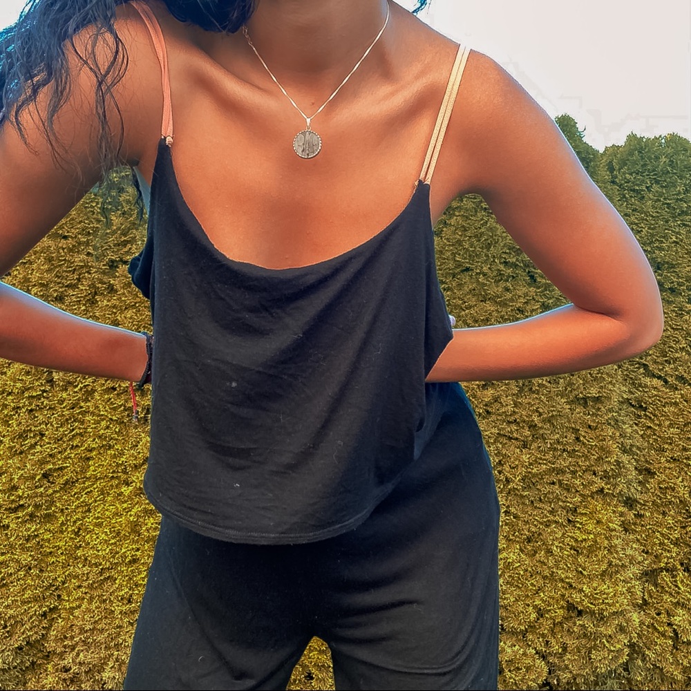 Black jumpsuit with pink straps